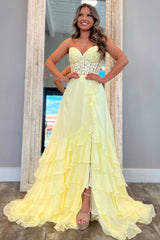 Chic Yellow A-Line Sweetheart Lace Top Long Chiffon Prom Dress With Ruffle Skirt