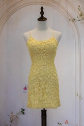 Cute Yellow Spaghetti Straps Short Tight Lace Homecoming Dress