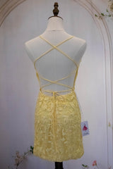 Cute Yellow Spaghetti Straps Short Tight Lace Homecoming Dress