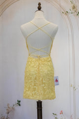 Cute Yellow Spaghetti Straps Short Tight Lace Homecoming Dress