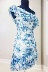 Cute One Shoulder Short Tight Print Homecoming Dress with Ruffle