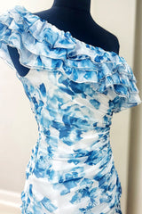 Cute One Shoulder Short Tight Print Homecoming Dress with Ruffle