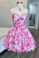 Playful Pink A-Line Sweetheart Short Dress with Printed Chiffon Layers Homecoming Dress