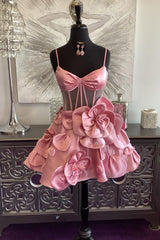 Cute A-Line Spaghetti Strap Short Satin Homecoming Dress with Floral Embellishments