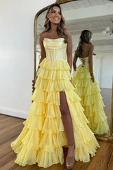 Yellow Strapless Corset A-Line Prom Dress with Layered Ruffle Skirt and Slit