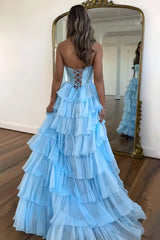 Yellow Strapless Corset A-Line Prom Dress with Layered Ruffle Skirt and Slit