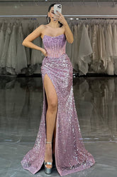 Dazzling Purple Sequin High-Slit Formal Dress with Structured Corset