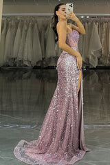Dazzling Purple Sequin High-Slit Formal Dress with Structured Corset