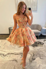 Dreamy Floral Tulle Homecoming Dress with Corset Bodice and A-Line Skirt