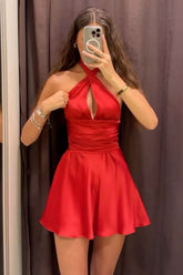 Dreamy Halter Neck A-Line Homecoming Dress with Flowy Mini Skirt