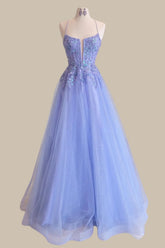 Dreamy Lavender Spaghetti Straps Appliqued Tulle A Line Prom Dress