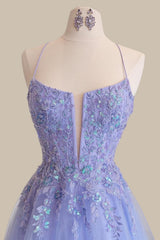 Dreamy Lavender Spaghetti Straps Appliqued Tulle A Line Prom Dress