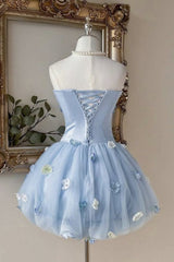 Dreamy Light Blue Strapless Homecoming Dress with 3D Floral Appliques and Bubble Skirt