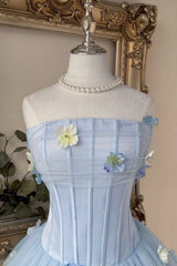 Dreamy Light Blue Strapless Homecoming Dress with 3D Floral Appliques and Bubble Skirt