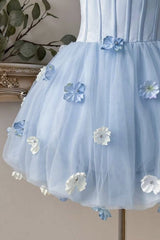 Dreamy Light Blue Strapless Homecoming Dress with 3D Floral Appliques and Bubble Skirt