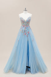 Light Blue V-Neck Formal Gown with Floral Corset Bodice and Dreamy Tulle Train