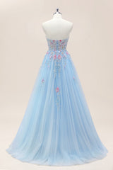 Light Blue V-Neck Formal Gown with Floral Corset Bodice and Dreamy Tulle Train