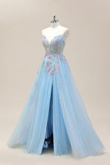 Light Blue V-Neck Formal Gown with Floral Corset Bodice and Dreamy Tulle Train