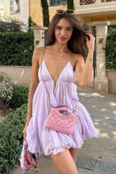 Dreamy Lilac Chiffon Mini Homecoming Dress with Deep V-Neck and Flowy Skirt