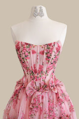 Dreamy Pink Floral A-Line Strapless Formal Prom Gown with Bow Waist