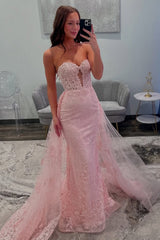 Dreamy Pink Mermaid Sweetheart Lace Prom Dress with Tulle Train