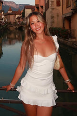Dreamy White Mini Satin Homecoming Dress with Tiered Ruffles