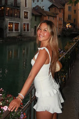 Dreamy White Mini Satin Homecoming Dress with Tiered Ruffles