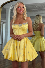 Dreamy A-Line Strapless Short Satin Homecoming Dress with Beading
