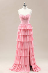 Dreamy Pink Sweetheart Gown with Cascading Layered Ruffles and Shimmering Details