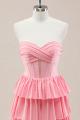 Dreamy Pink Sweetheart Gown with Cascading Layered Ruffles and Shimmering Details