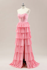 Dreamy Pink Sweetheart Gown with Cascading Layered Ruffles and Shimmering Details