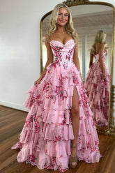 Stunning Pink A-Line Sweetheart Satin Top Long Print Tulle Prom Dress with Slit