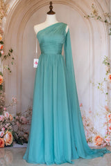 Elegant A Line One Shoulder Green Long Prom Dress with Ribbon