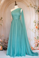 Elegant A Line One Shoulder Green Long Prom Dress with Ribbon