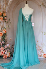 Elegant A Line One Shoulder Green Long Prom Dress with Ribbon
