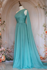 Elegant A Line One Shoulder Green Long Prom Dress with Ribbon