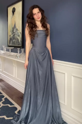 Elegant A Line Strapless Grey Blue Long Prom Dress with Ruffles