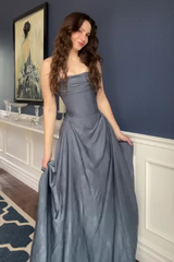 Elegant A Line Strapless Grey Blue Long Prom Dress with Ruffles
