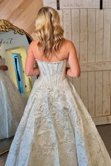 Elegant A Line Strapless White Corset Prom Dress with Embroidery