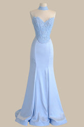 Elegant Baby Blue Strapless Mermaid Prom Dress with Lace Bodice and Choker