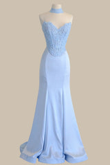 Elegant Baby Blue Strapless Mermaid Prom Dress with Lace Bodice and Choker