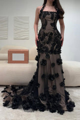 Elegant Black Illusion Floral Halter Mermaid Prom Dress with 3D Appliques