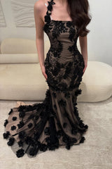 Elegant Black Illusion Floral Halter Mermaid Prom Dress with 3D Appliques