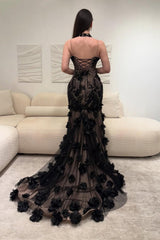 Elegant Black Illusion Floral Halter Mermaid Prom Dress with 3D Appliques