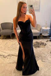 Elegant Black Lace Bodice Sweetheart Lace Up Prom Evening Gown with Slit
