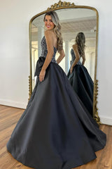 Elegant Black Satin Strapless Beaded Corset A-Line Prom Dress with Bow