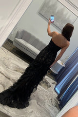 Elegant Black Sweetheart Mermaid Lace Prom Dress With Ruffle Skirt
