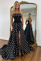 Elegant Black White Polka Dot Strapless Prom Gown with Structured Bodice