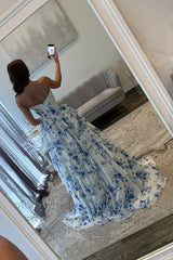 Elegant Blue Floral Sweetheart Tiered Prom Dress with Corset Bodice