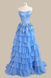 Elegant Blue Satin Corset Ball Gown Prom Dress with Layered Ruffles